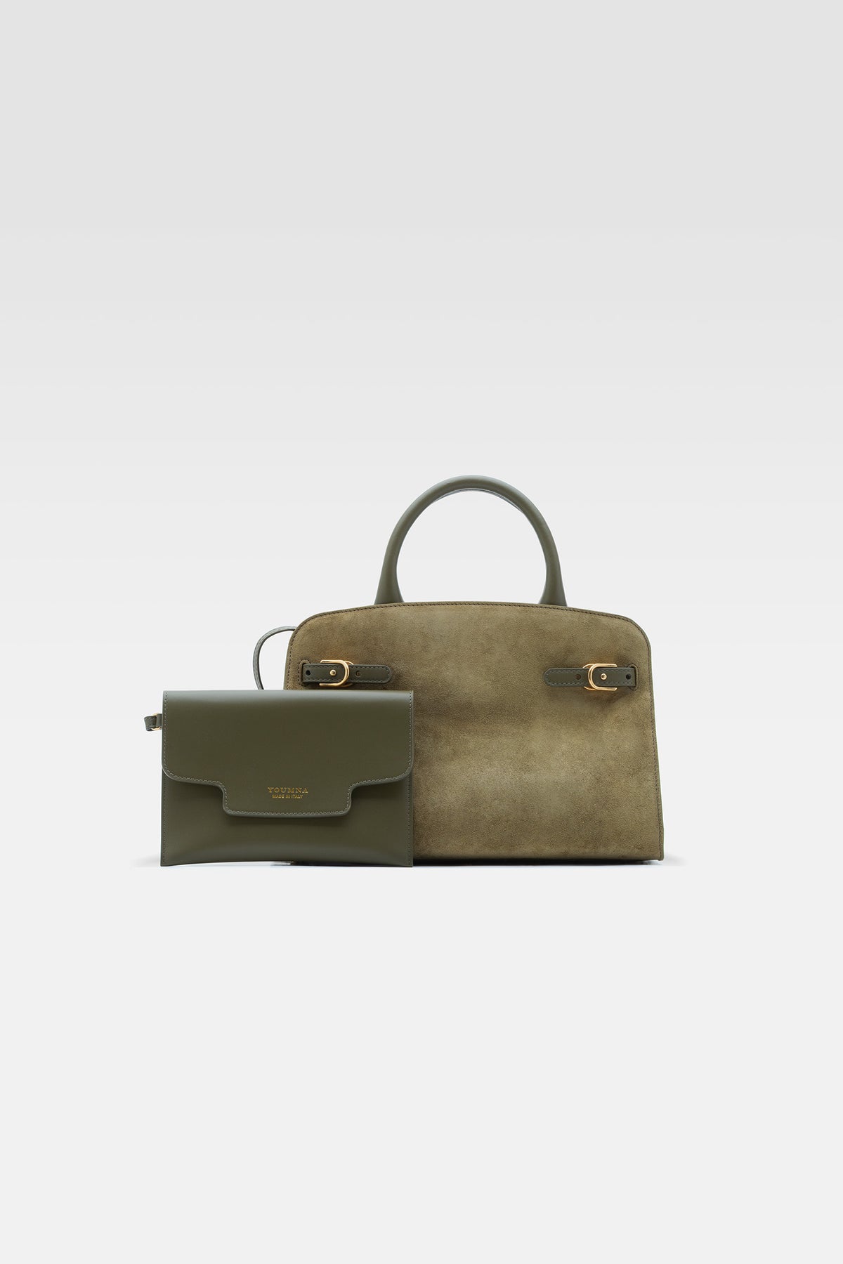 Medium handbag in suede with pochette in military green leather.